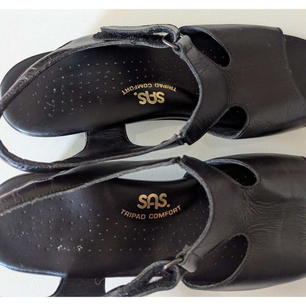 SAS Suntimer Sandals Women 8N Black Leather T-Strap Block Heel Comfort Shoes - Picture 5 of 11